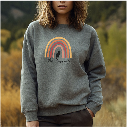 Woman in field wearing light grey crewneck sweatshirt. This oversized sweatshirt for women has a graphic with a rainbow and cat and text that says "Be Curious" underneath. Makes a great gift for cat owners!